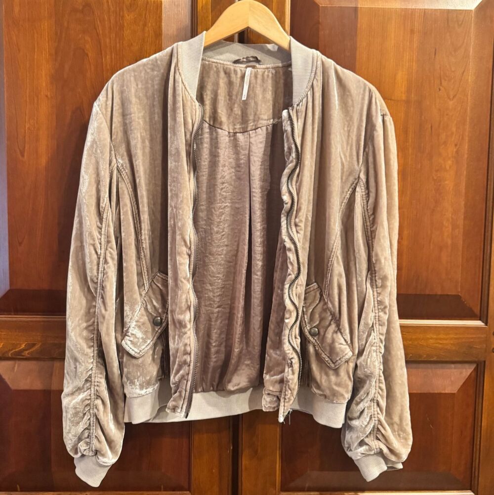Free People Ruched Velvet Bomber Jacket Taupe Beige Boho Medium - Picture 13 of 16